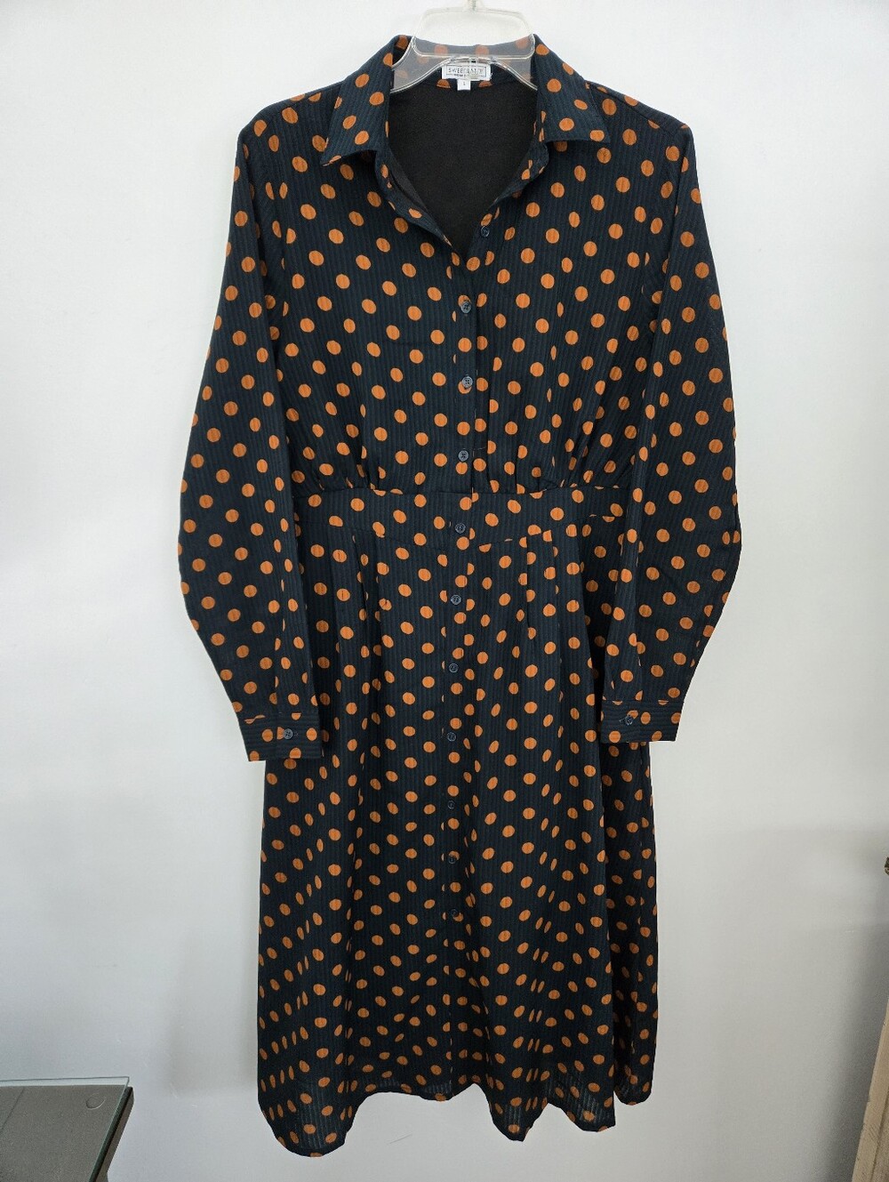 Sweet Salt Polka Dot Shirt Midi Dress in Black & Rust. Size Large.